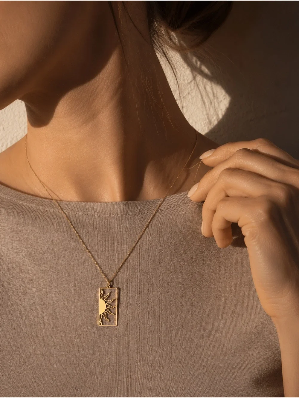 Gold Tone Sun Rectangle Pendant Necklace Celestial Minimalist